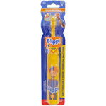 Brush Buddies Blippi yellow kids electric toothbrush front view showing soft rounded bristles.