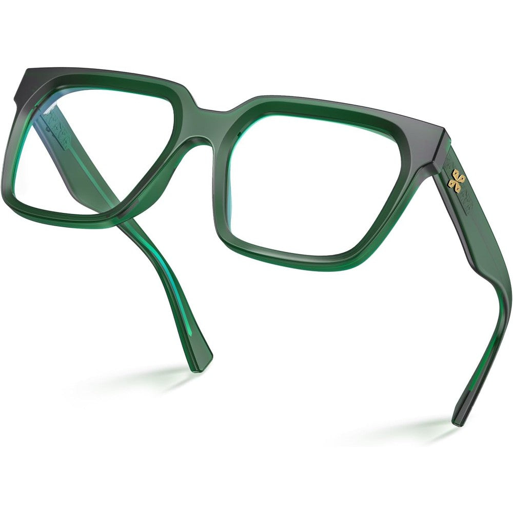 VISOONE Cougar TR90 rectangle blue light blocking glasses front view showing transparent basil green frame for computer eye protection.