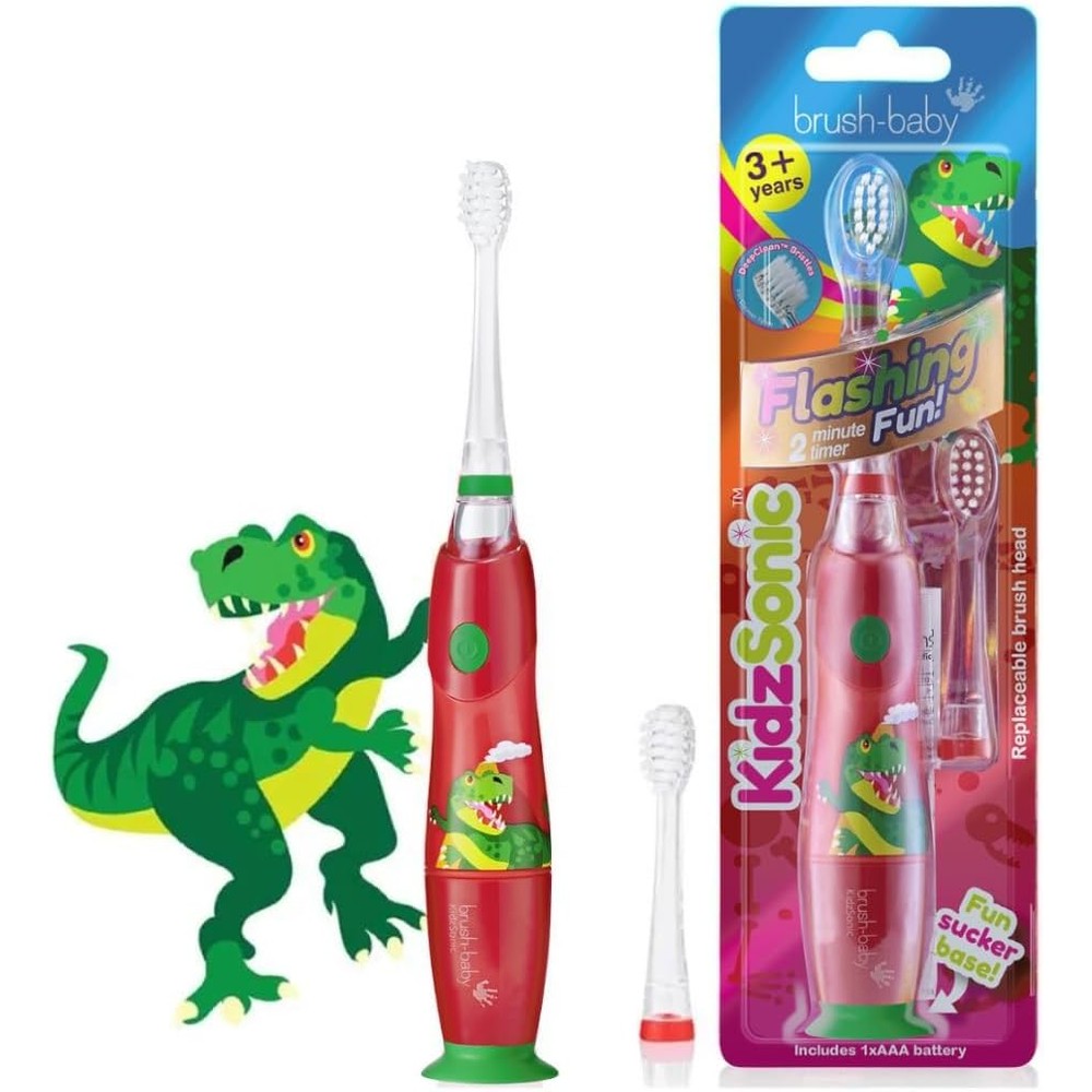 Brush-Baby KidzSonic Dinosaur electric toothbrush front view showing the red handle and dino print.