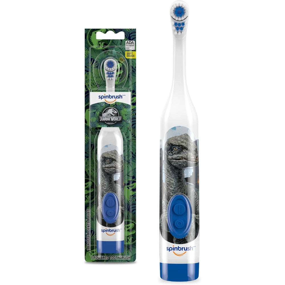 Spinbrush Jurassic World battery powered kids electric toothbrush front view showing dinosaur graphics and soft bristle head.