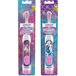 Spinbrush Kids Electric Toothbrush 2-Pack front view showing authentic packaged pink mermaid and purple unicorn designs