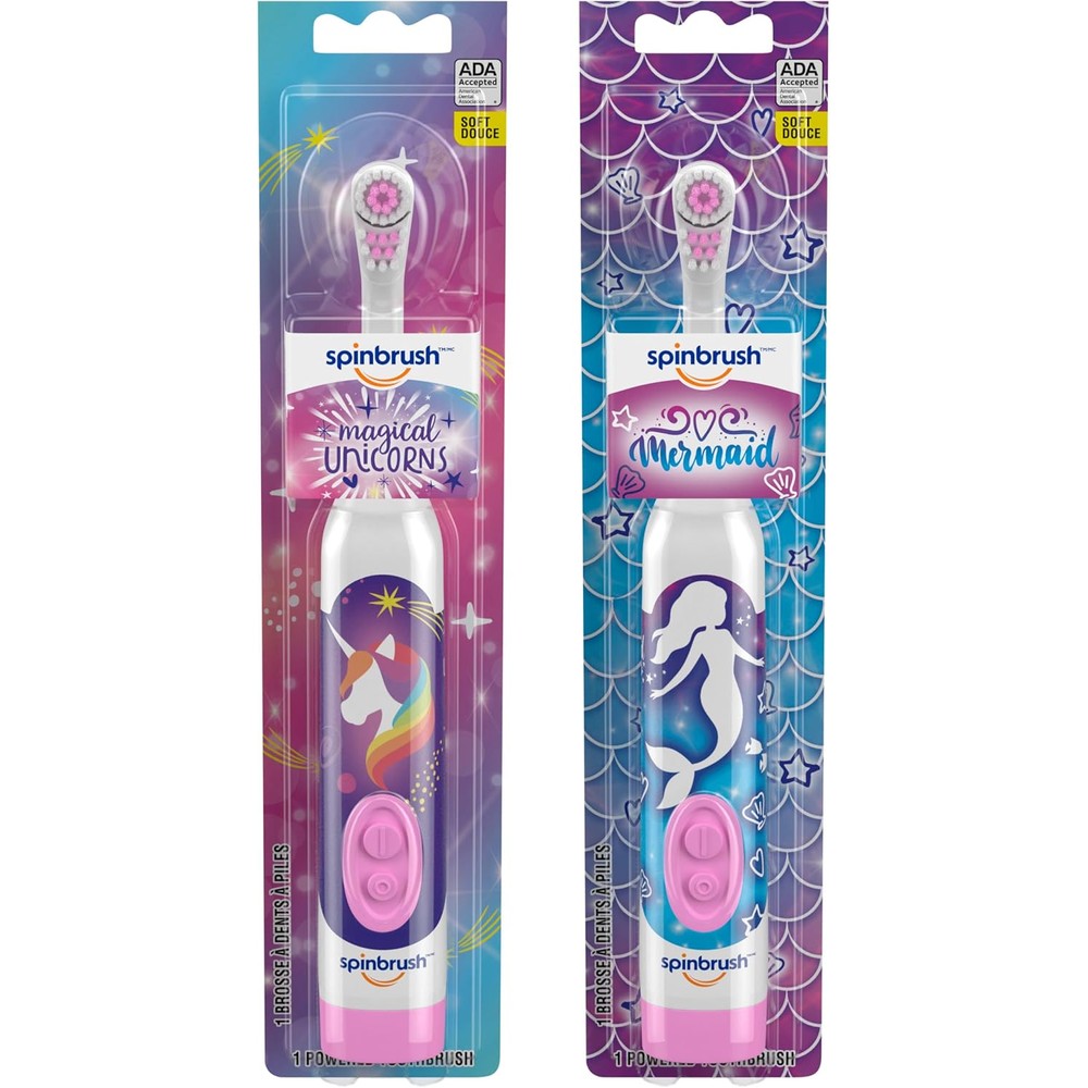 Spinbrush Kids Electric Toothbrush 2-Pack front view showing authentic packaged pink mermaid and purple unicorn designs