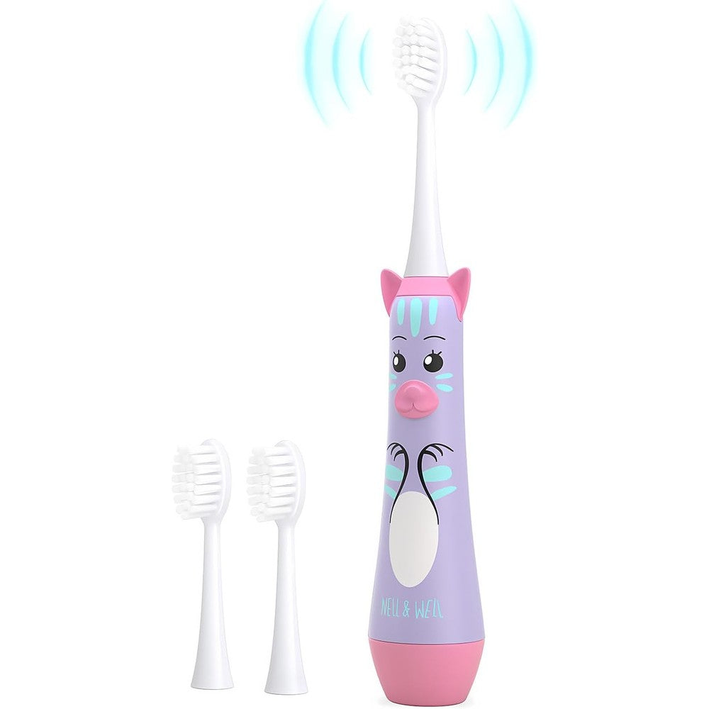 NELL&WELL kids electric toothbrush purple cat front view sonic cleaning