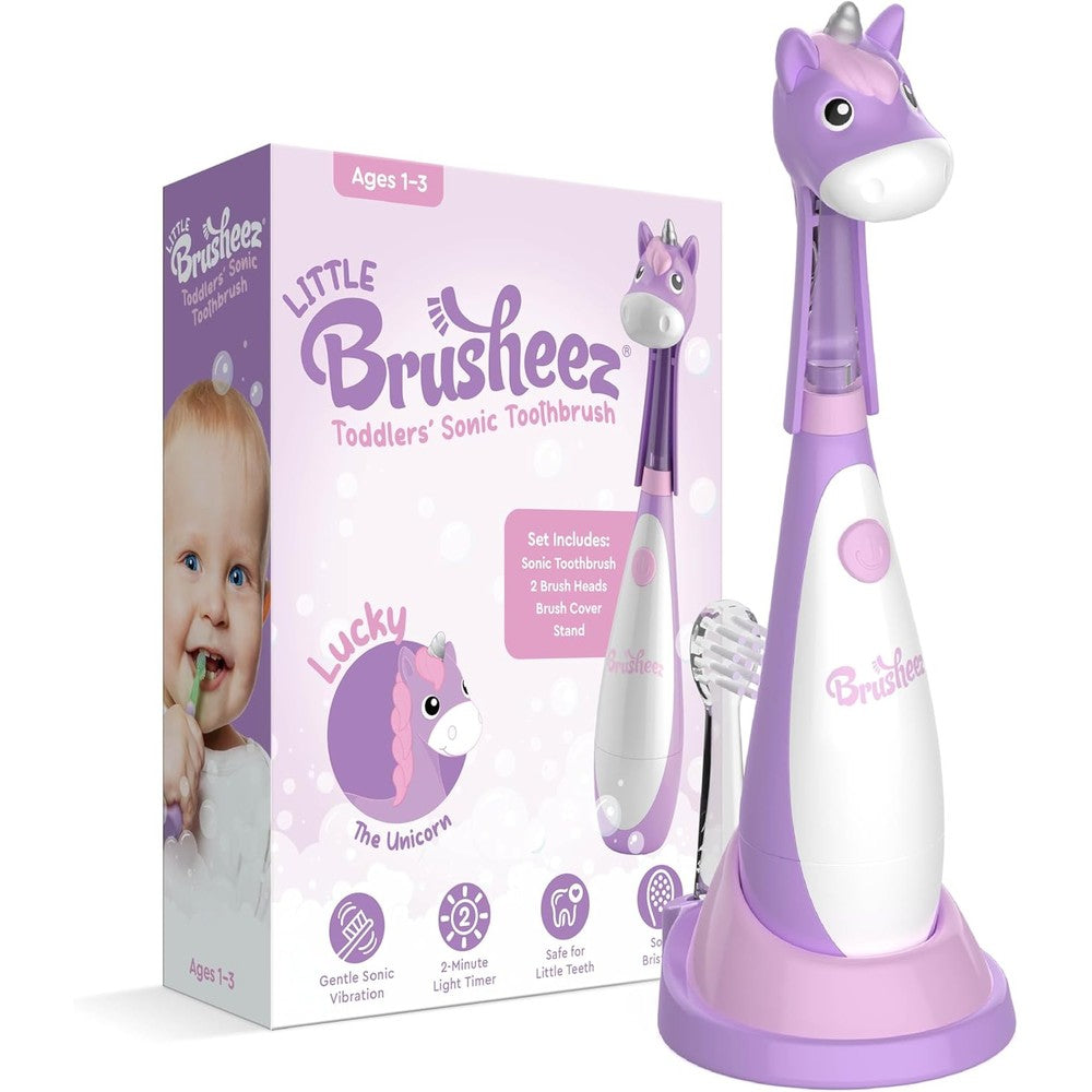 Brusheez Little Toddlers Sonic Toothbrush front view showing Lucky the Unicorn design and storage base