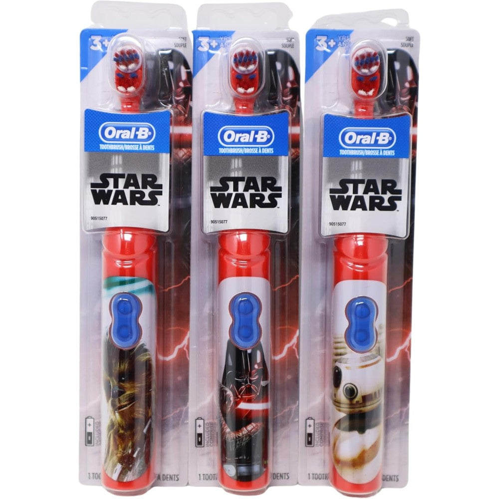 Oral-B Kids Star Wars Battery Toothbrush 3-pack front view for gentle children's dental care.