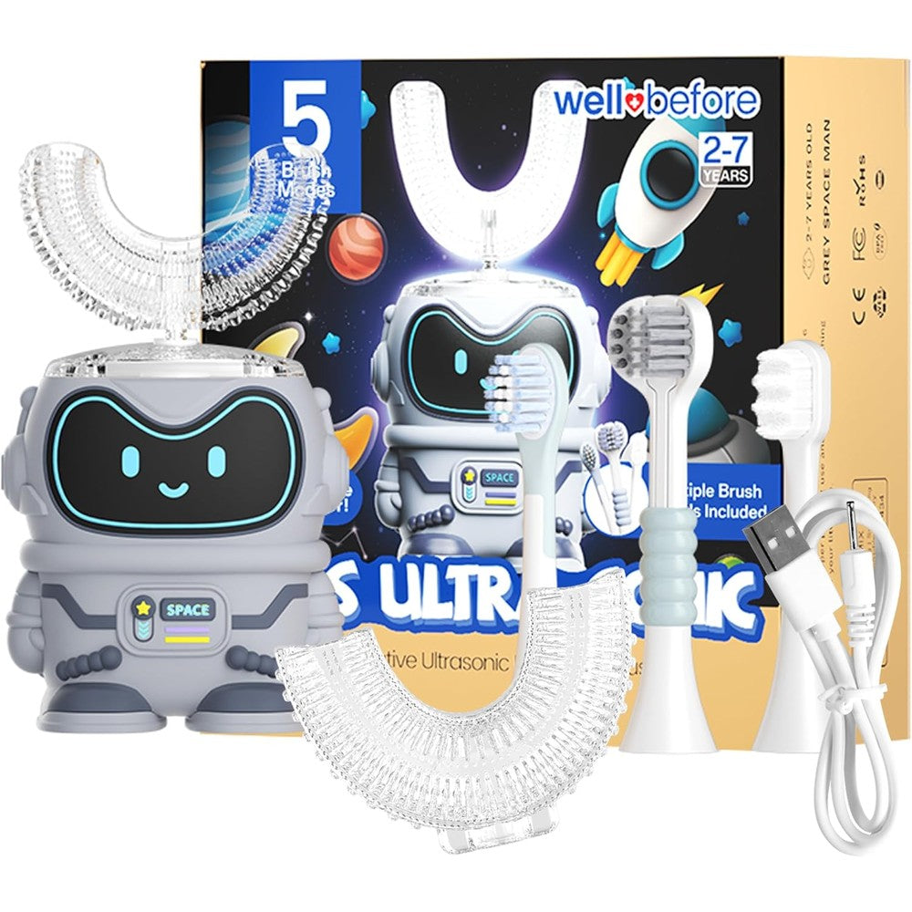 Well Before Kids U Shaped Electric Toothbrush front view in Spaceman Grey.