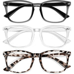 Okany blue light glasses for kids 3 pack front view featuring grey black transparent and leopard frames