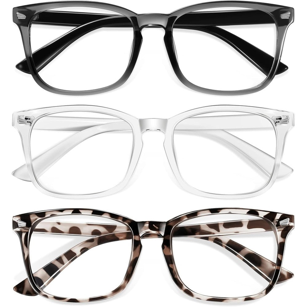 Okany blue light glasses for kids 3 pack front view featuring grey black transparent and leopard frames