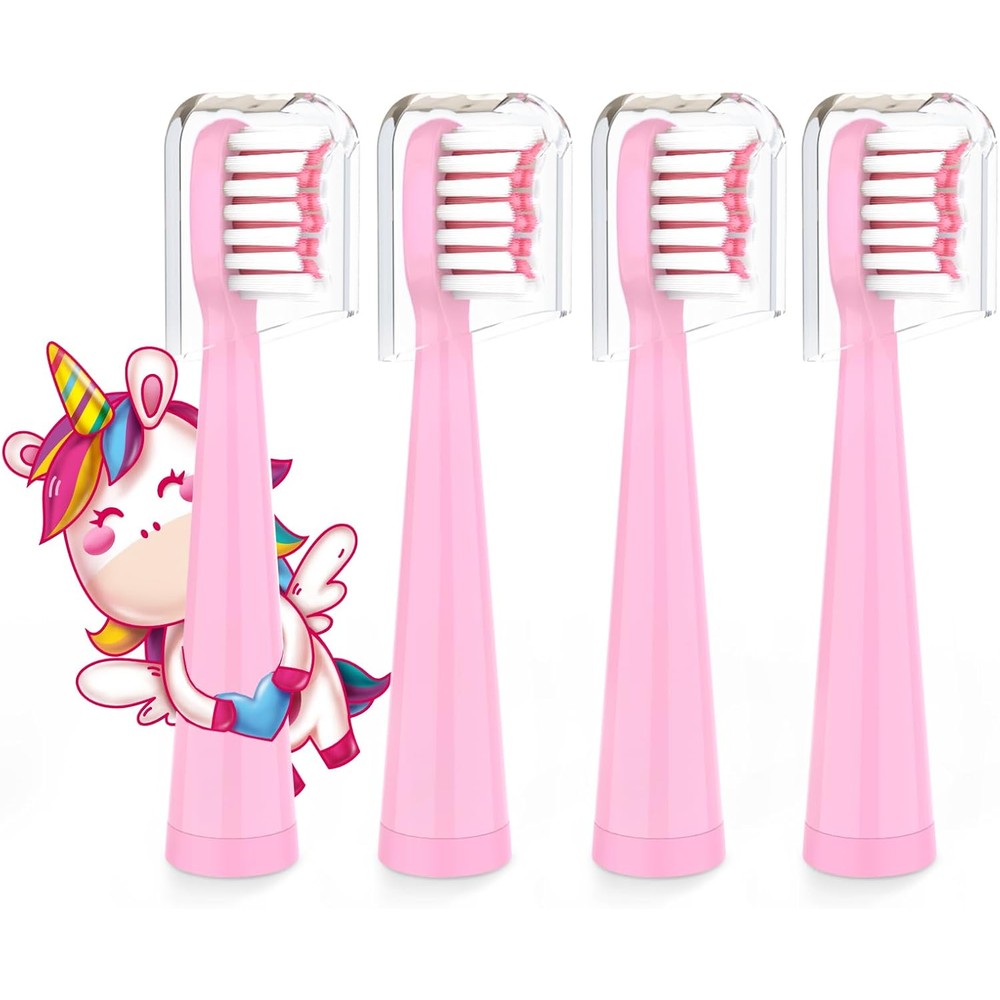 Vekkia Sonic Kids Electric Toothbrush Replacement Heads front view showing pink cartoon unicorn design four pack.