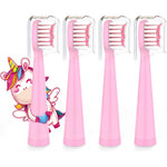 Vekkia Sonic Kids Electric Toothbrush Replacement Heads front view showing pink cartoon unicorn design four pack.