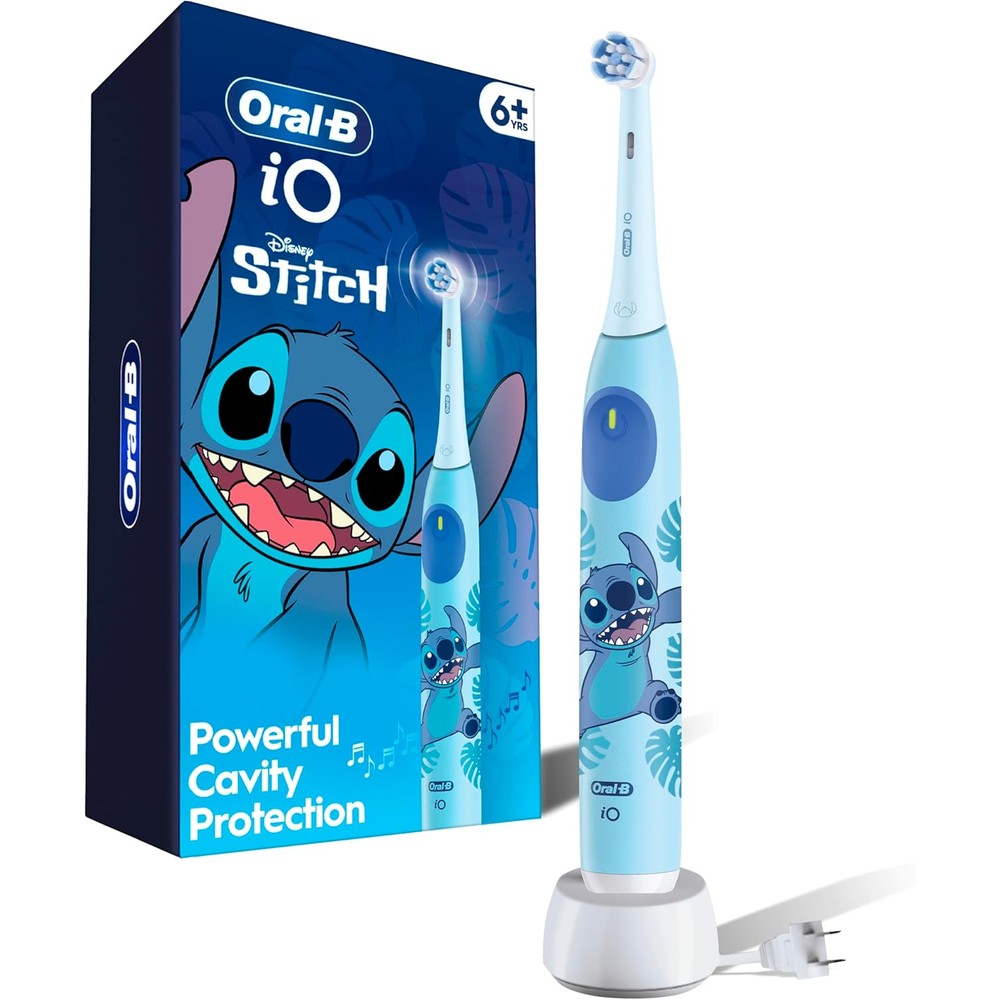 Oral-B iO Kids Stitch Limited Edition rechargeable electric toothbrush front view with travel case.