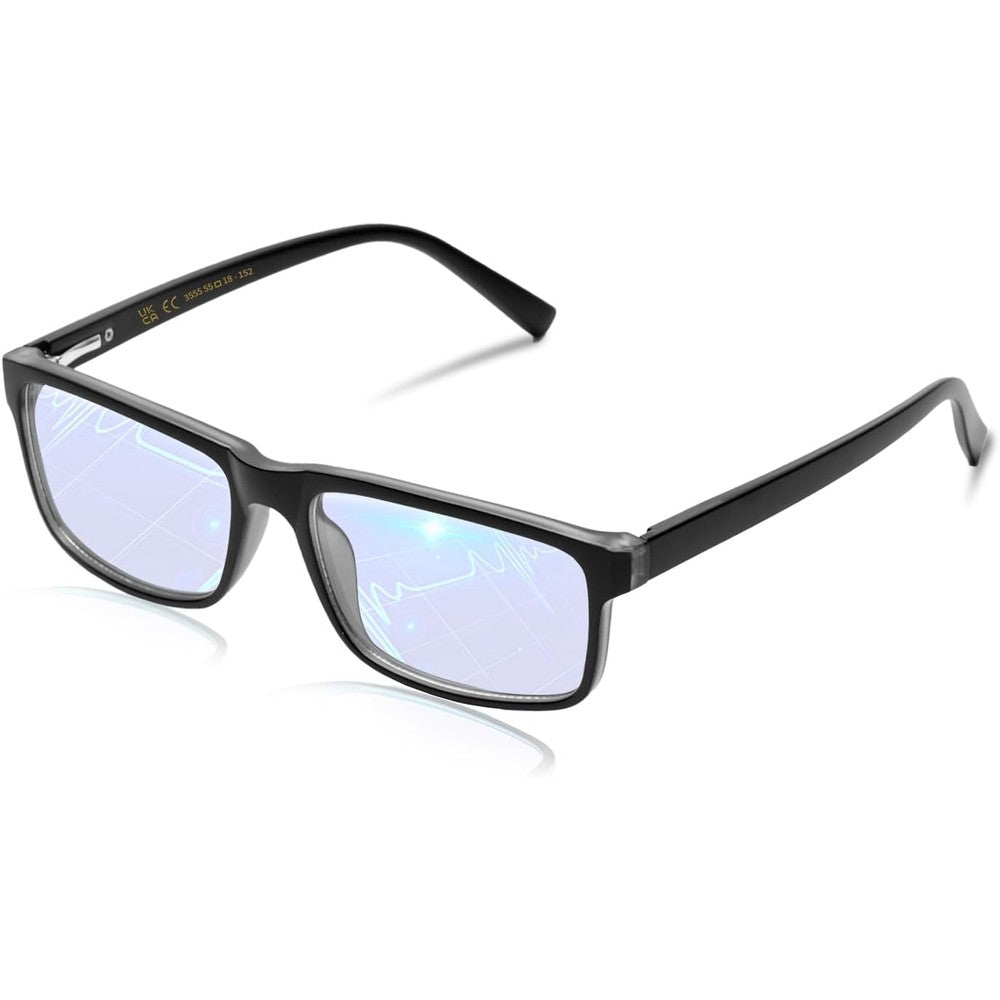 VMJFBJ blue light blocking glasses front view showing the classic black rectangular frame and amber lenses for computer screen safety.