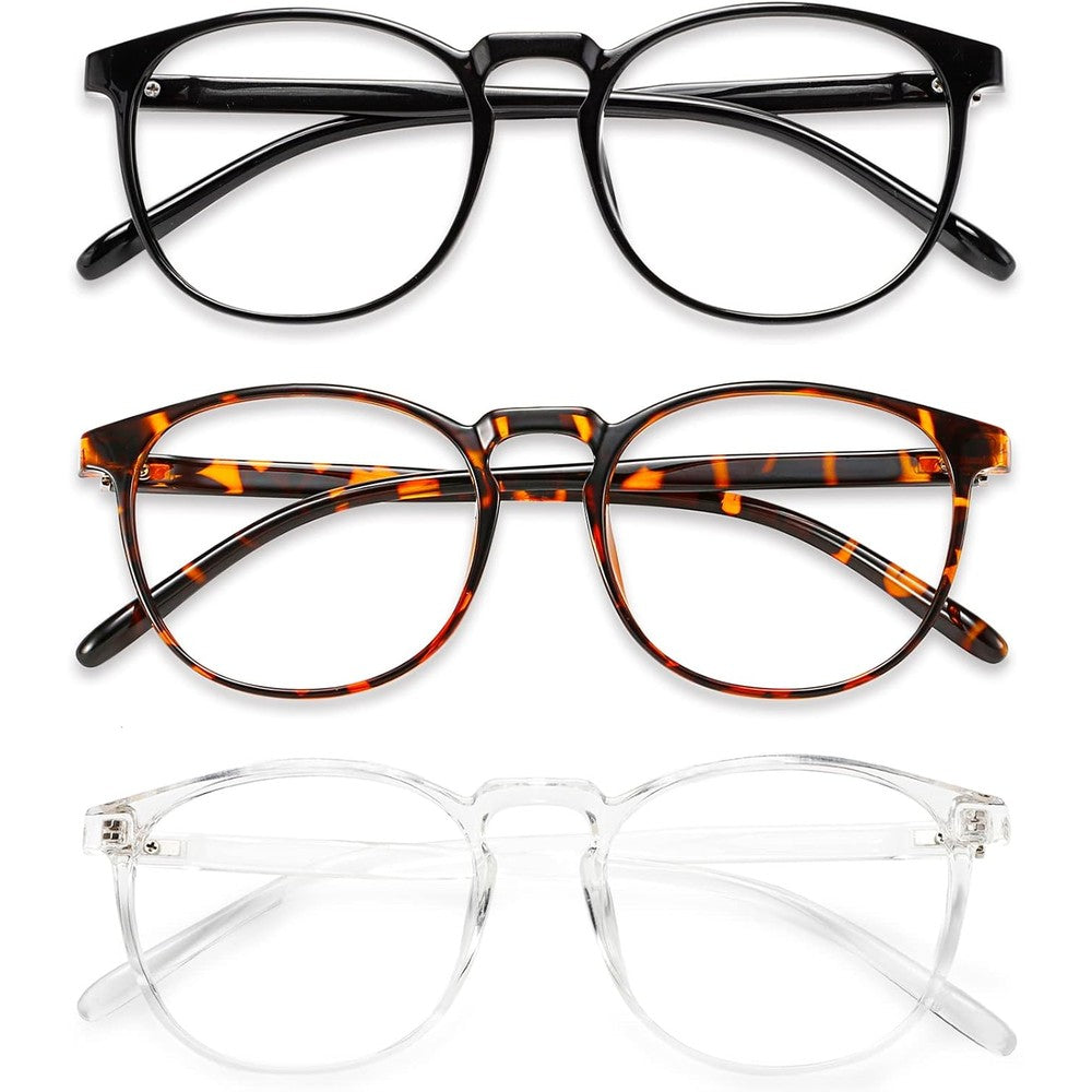 Przene retro round blue light blocking glasses three pack front view showcasing black crystal and amber frames