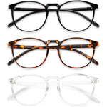 Przene retro round blue light blocking glasses three pack front view showcasing black crystal and amber frames
