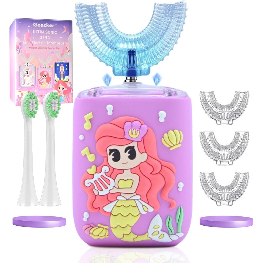 Geacker kids electric toothbrush front view showing the pink mermaid design handle and U-shaped silicone head