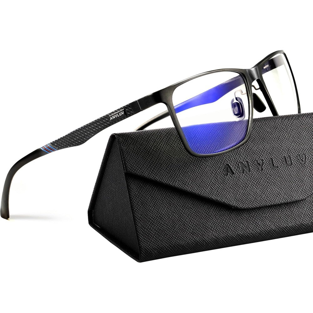 ANYLUV blue light glasses men front view showing sleek black metal rectangle frame and clear lenses.