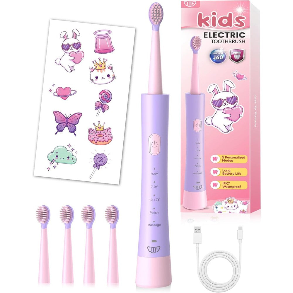 JTF Kids Electric Toothbrush front view in pink showing 5 cleaning modes for children.