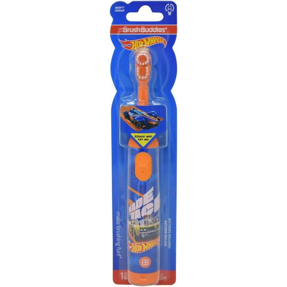 Brush Buddies Hot Wheels kids electric toothbrush front view showing race car graphics.