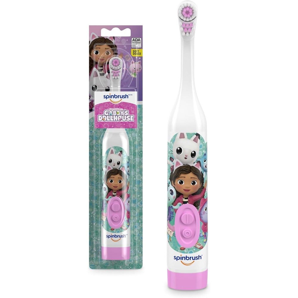 Spinbrush Gabby's Dollhouse Kids Electric Battery Toothbrush front view for plaque removal.
