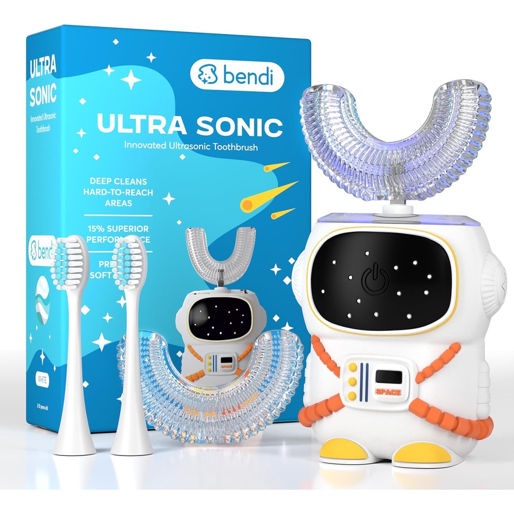 Bendi kids astronaut electric toothbrush front view showing white space theme handle