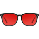 TIJN Sleep Glasses front view showing the retro-square black frame and deep red lenses