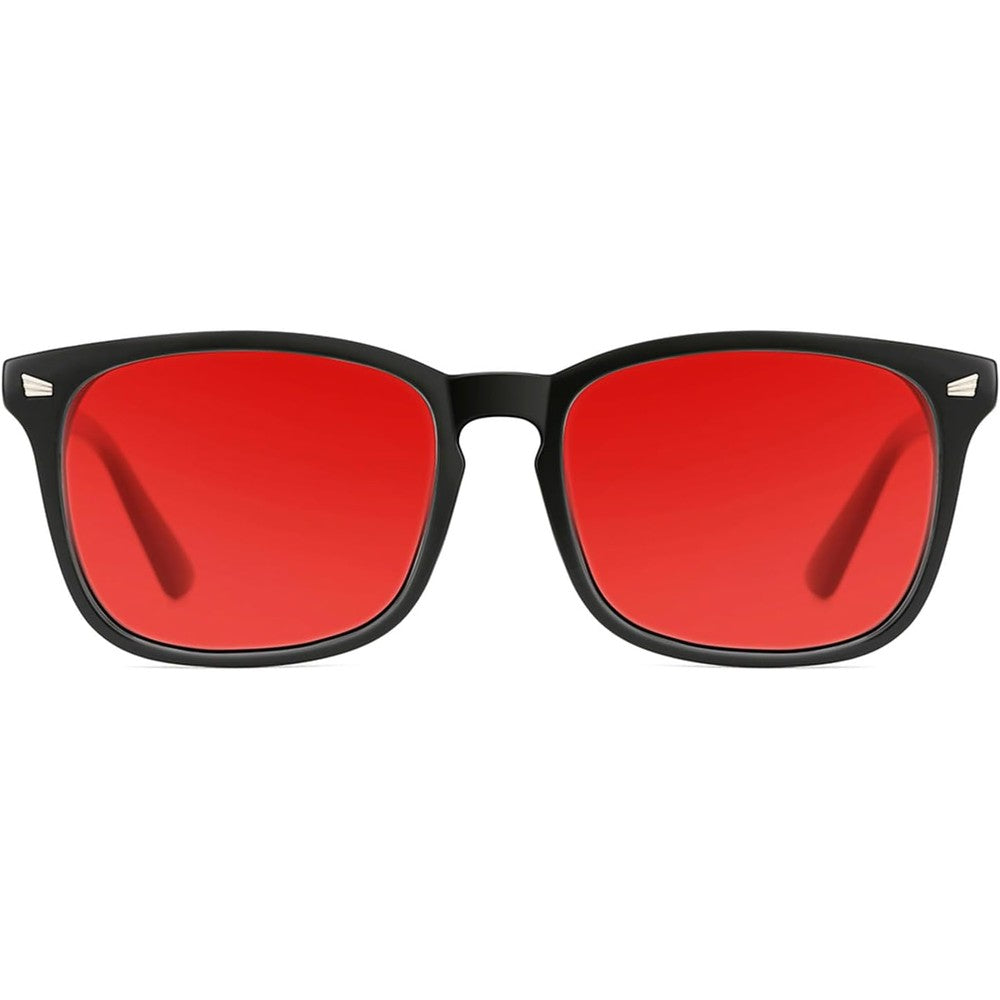 TIJN Sleep Glasses front view showing the retro-square black frame and deep red lenses