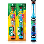 GUM Crayola Drip Art Kids Power Toothbrush front view with colorful stickers and extra soft bristles.