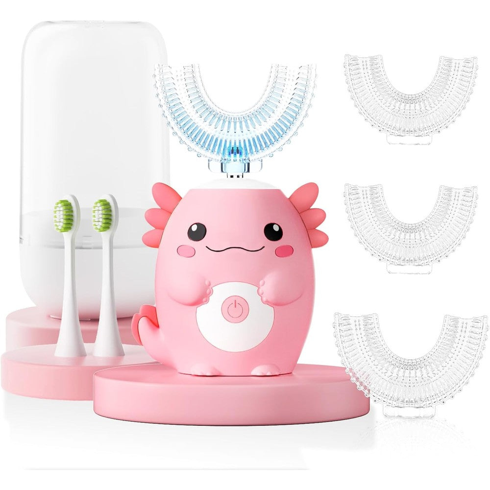 ELOTAME Kids Electric U Shaped Toothbrush front view with pink Axolotl design.