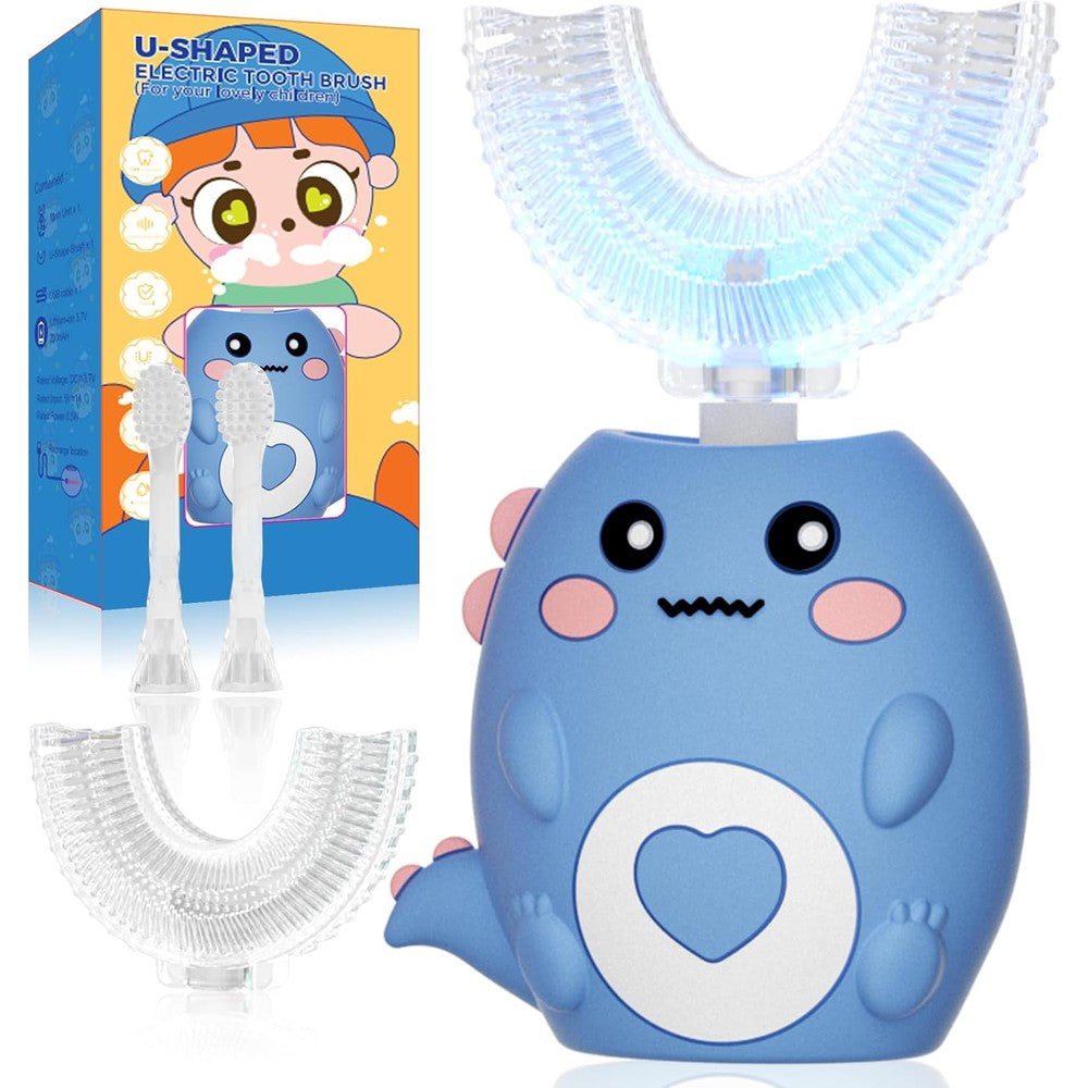 Lwalaneng Kids U Shaped Electric Toothbrush front view in dark blue dinosaur design