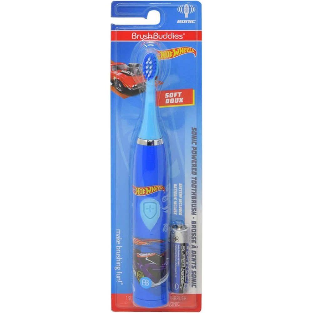 Brush Buddies Hot Wheels Kids Sonic Electric Toothbrush front view for plaque removal.