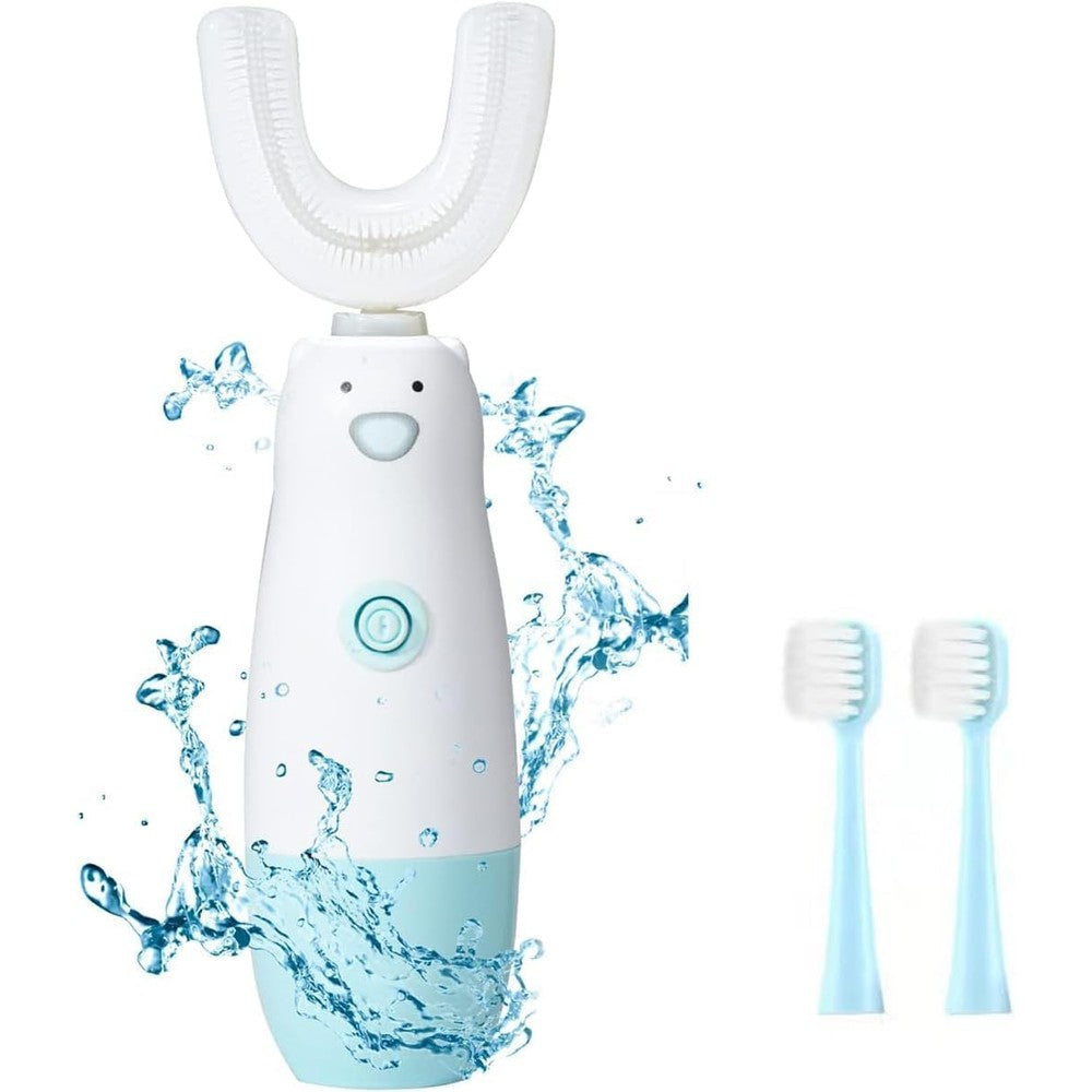 Meqtpomy kids electric toothbrush blue front view showing the cartoon handle and u-shaped silicone head.