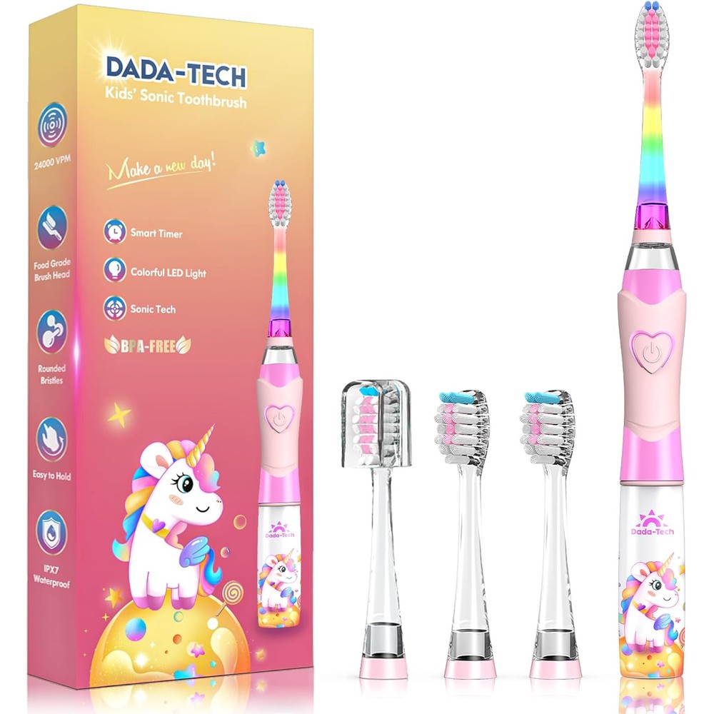 Dada-Tech Pink Unicorn Kids Electric Toothbrush front view for children's oral care.