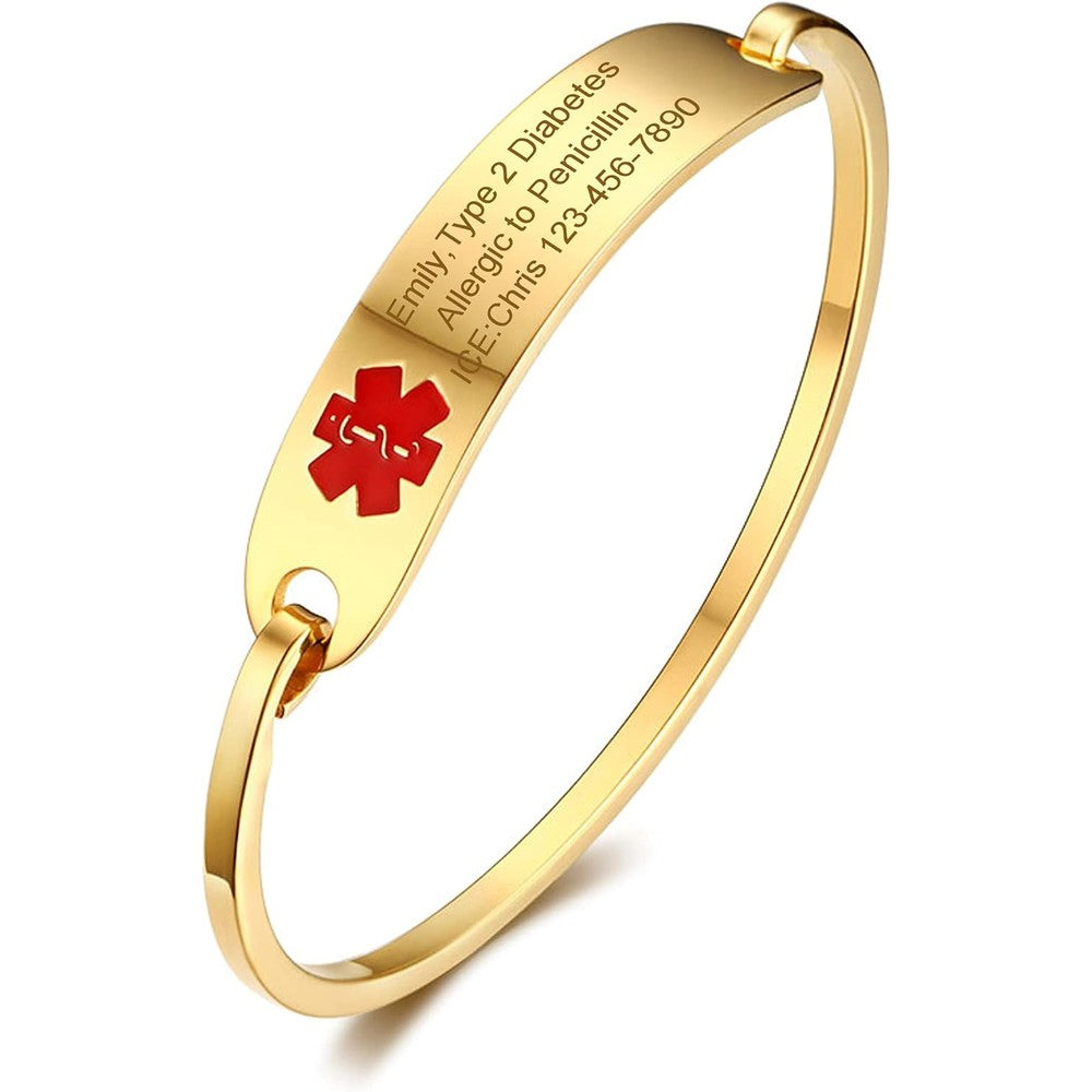 VNOX medical alert bracelet for women front view showcasing the gold plated design and red emergency emblem.