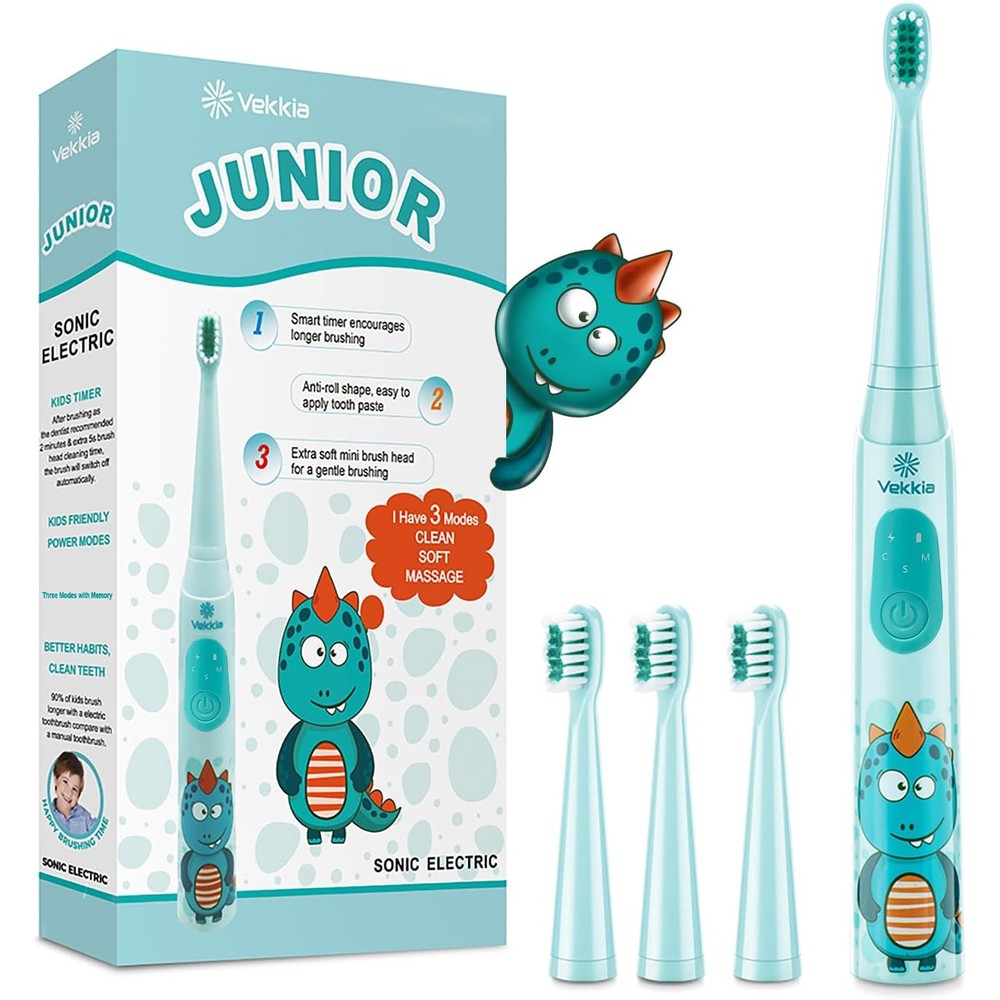 Vekkia Sonic Rechargeable Kids Electric Toothbrush front view showing the blue dragon handle design and soft bristle head.