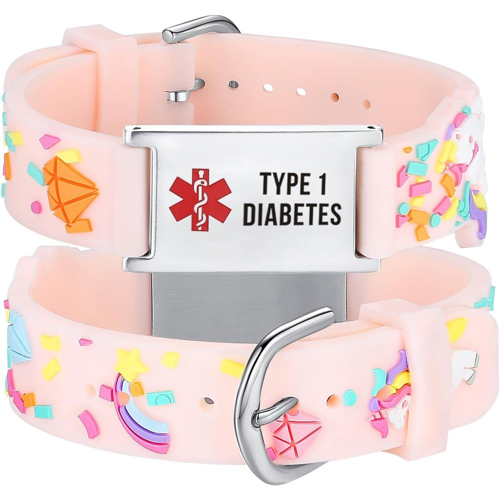 LinnaLove cartoon medical alert ID bracelet front view featuring embossed pink sheep pattern band and engraved stainless steel plate.