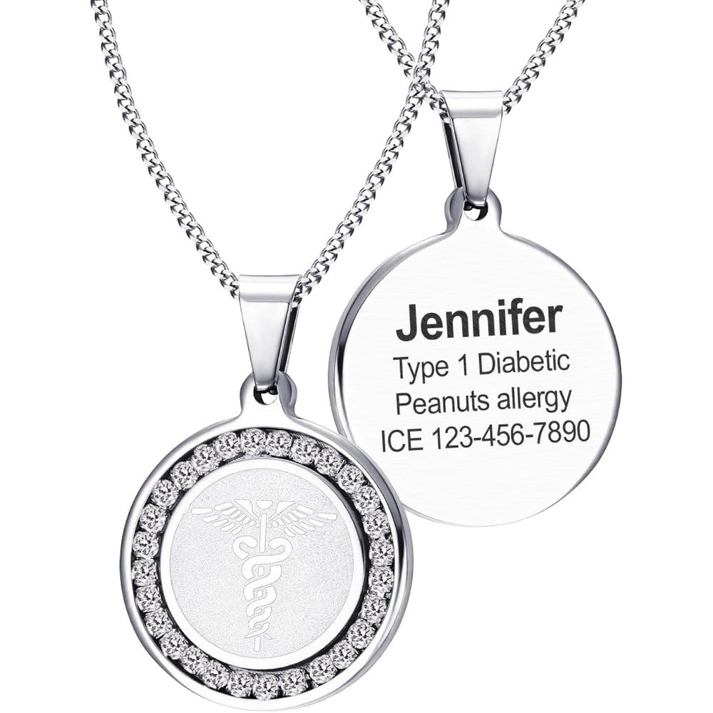 MIA MIA Medical Alert Necklace for women front view showing silver round pendant with crystals