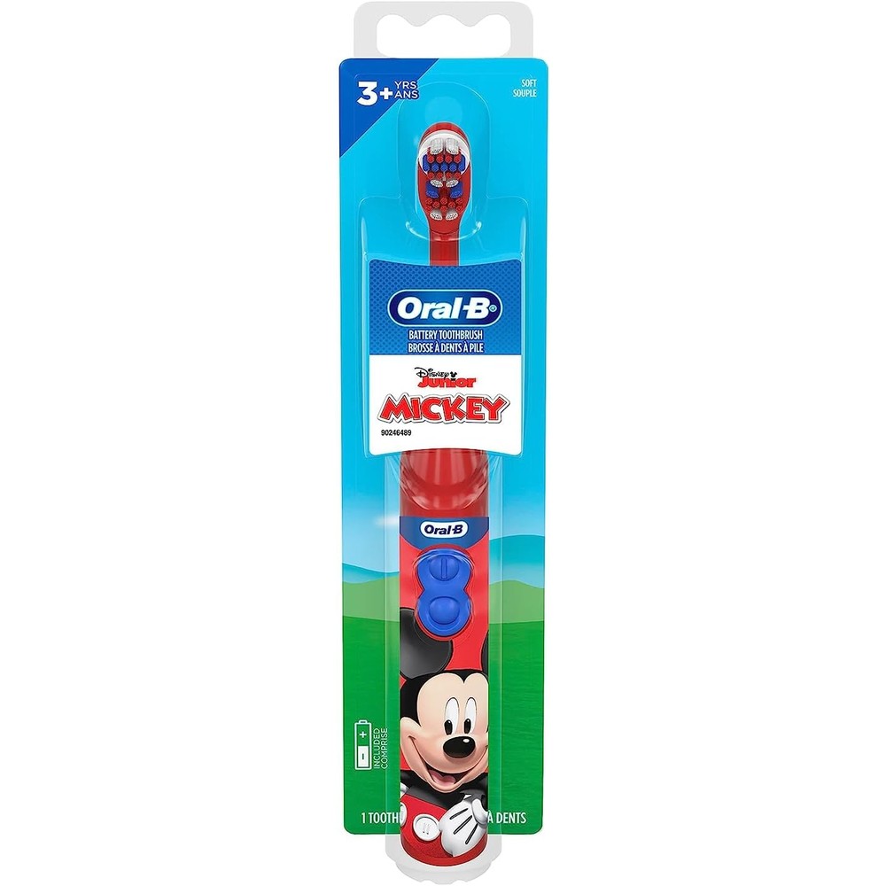 Oral-B Kids battery toothbrush front view featuring Disney Mickey Mouse graphics on the handle.