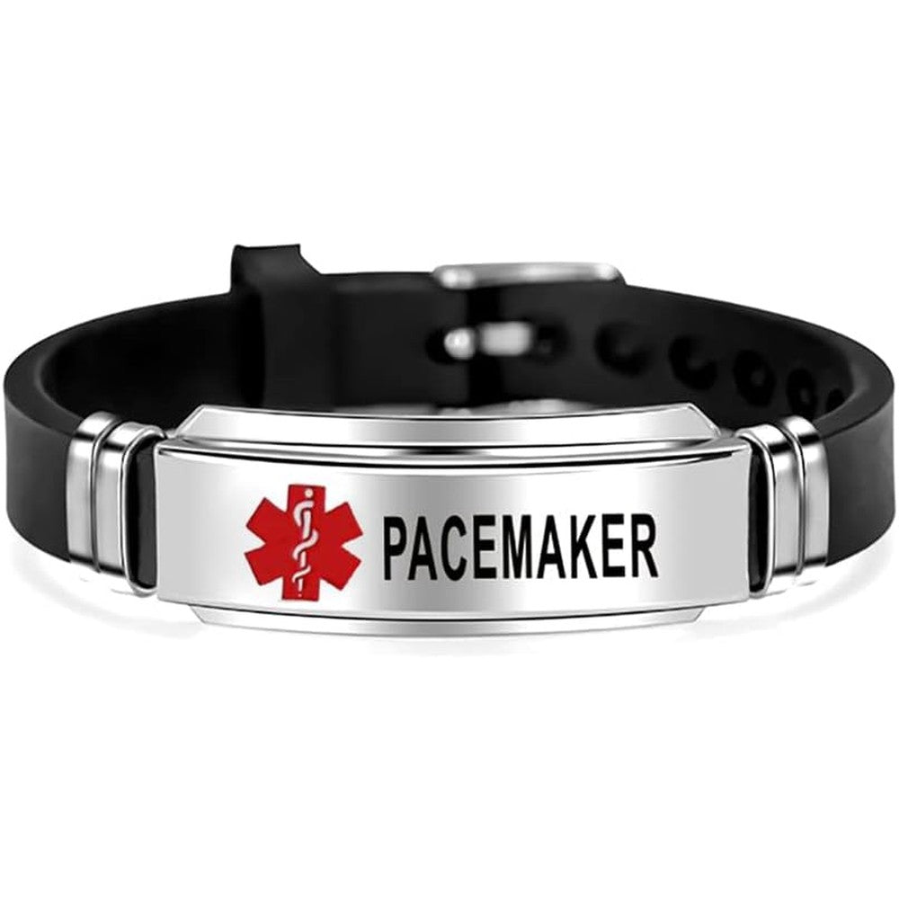 GMXLin Medical Alert Silicone Sport Bracelet front view with stainless steel pacemaker tag