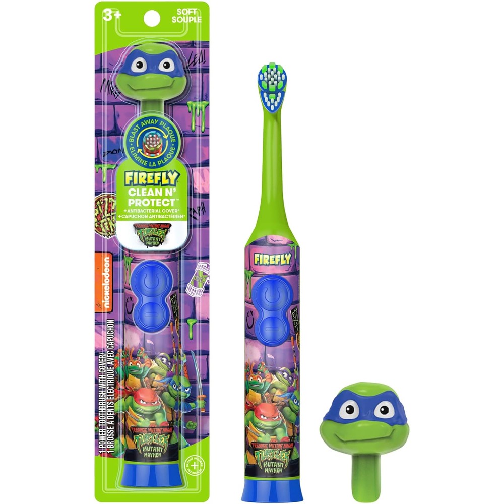 Firefly Clean N Protect Teenage Mutant Ninja Turtles power toothbrush front view showcasing the rotary brush head