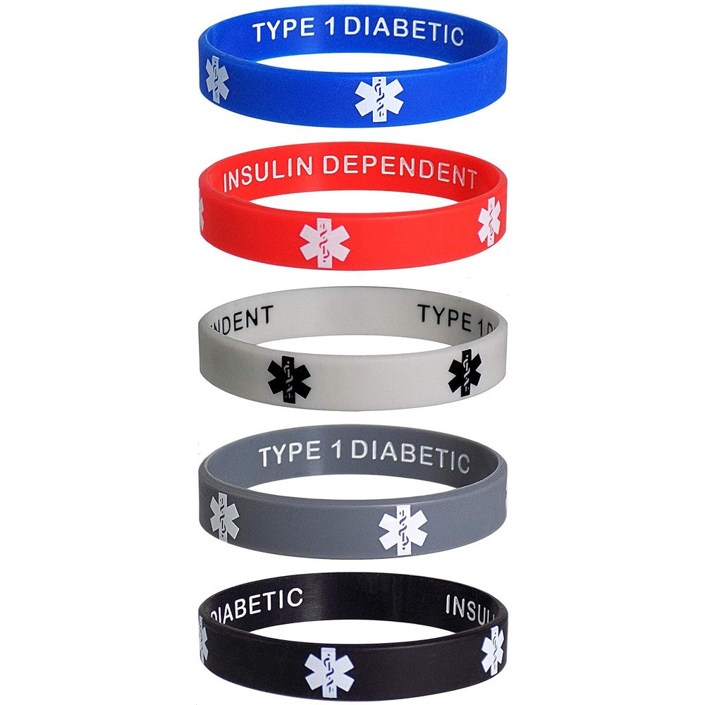 Max Petals Type 1 Diabetic medical alert silicone bracelets front view pack of five colors