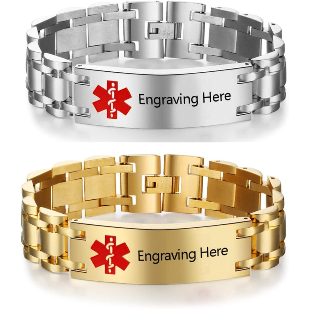Nameinhea custom medical alert bracelet front view featuring an engravable stainless steel plate with an emergency medical symbol.