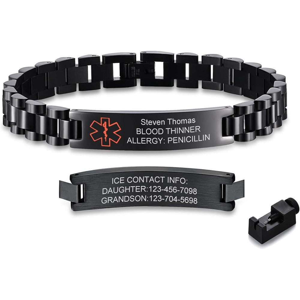 Gamtic personalized medical alert bracelet front view showing black stainless steel identification plate