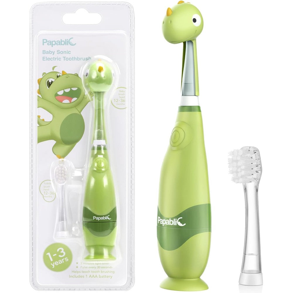 Papablic Max toddler sonic electric toothbrush front view showing the green dinosaur cover and ergonomic handle.
