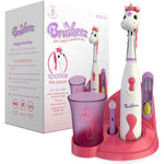 Brusheez Kids Electric Toothbrush Sparkle the Unicorn set front view with storage base.