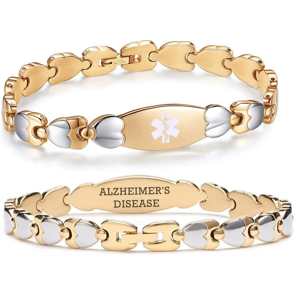 LinnaLove medical alert bracelet for women front view showcasing the two tone double heart chain links.