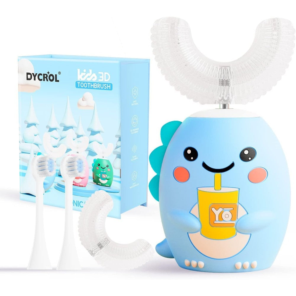 DYCROL Kids U Shaped Electric Toothbrush front view blue dinosaur sonic cleaner.