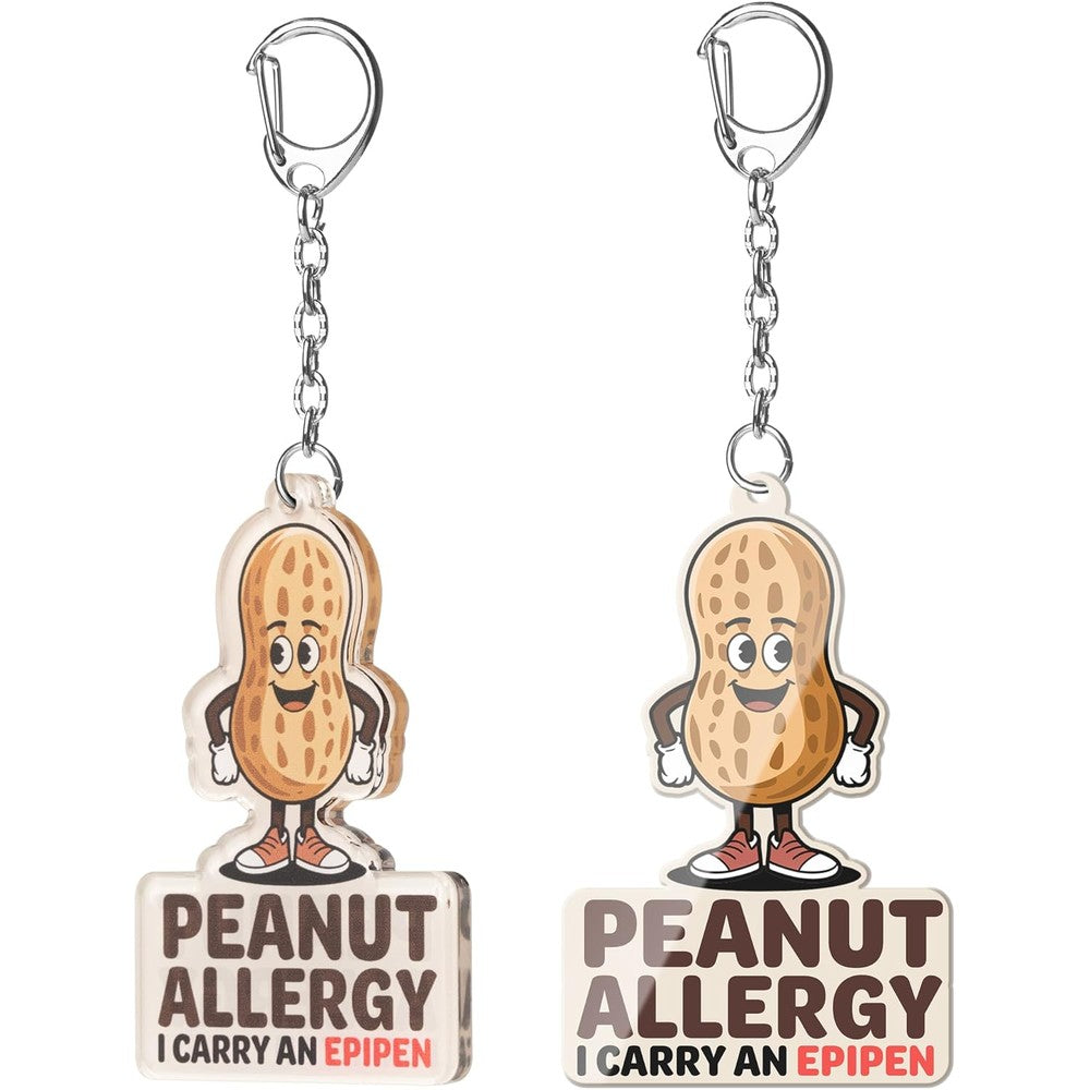 EliteSign Allergy Keychain Set front view showing Peanut Allergy and Epipen Inside charms attached to a school backpack
