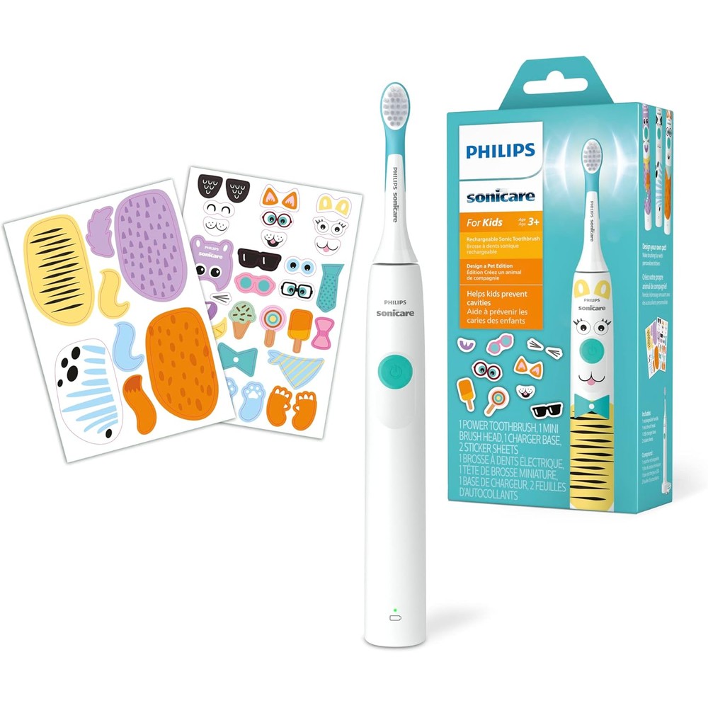 Philips Sonicare for Kids Design a Pet Edition electric toothbrush front view showing white handle and aqua blue button.
