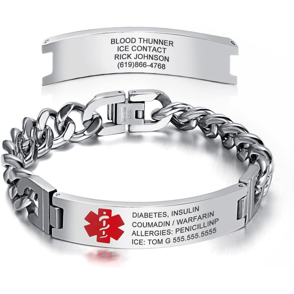 Fenfang personalized medical alert stainless steel bracelet front view showing curb chain link design