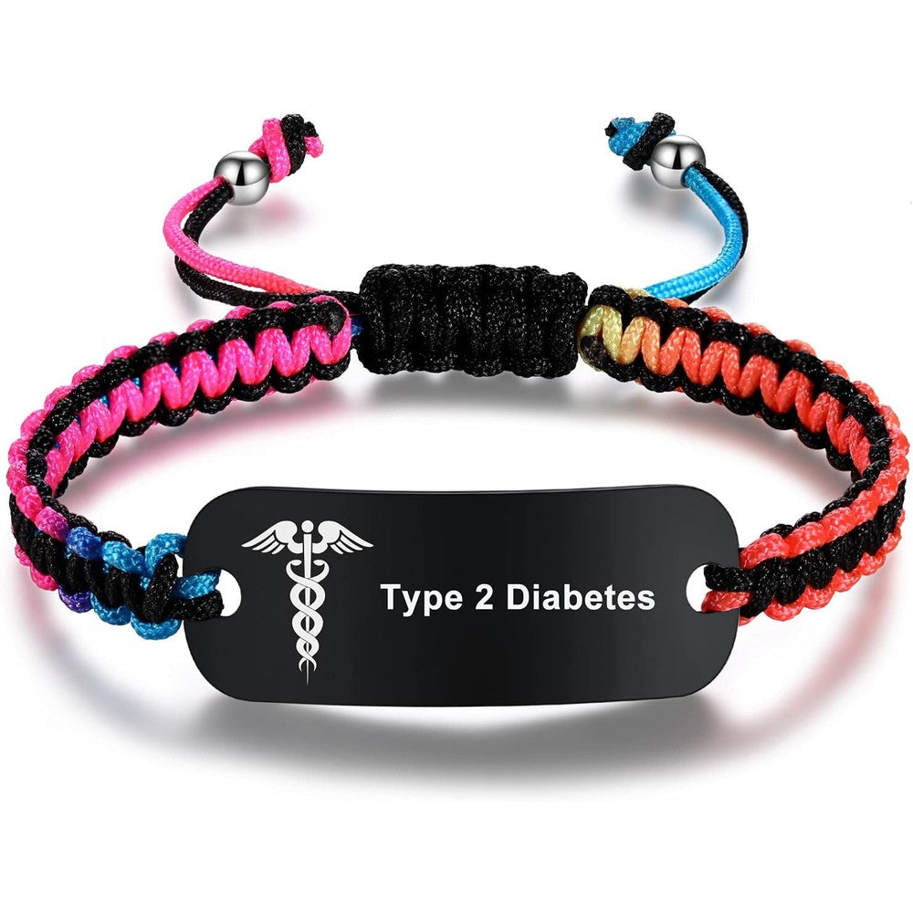 MAXZOOL medical alert bracelet front view showing braided nylon rope and engraved stainless steel plate